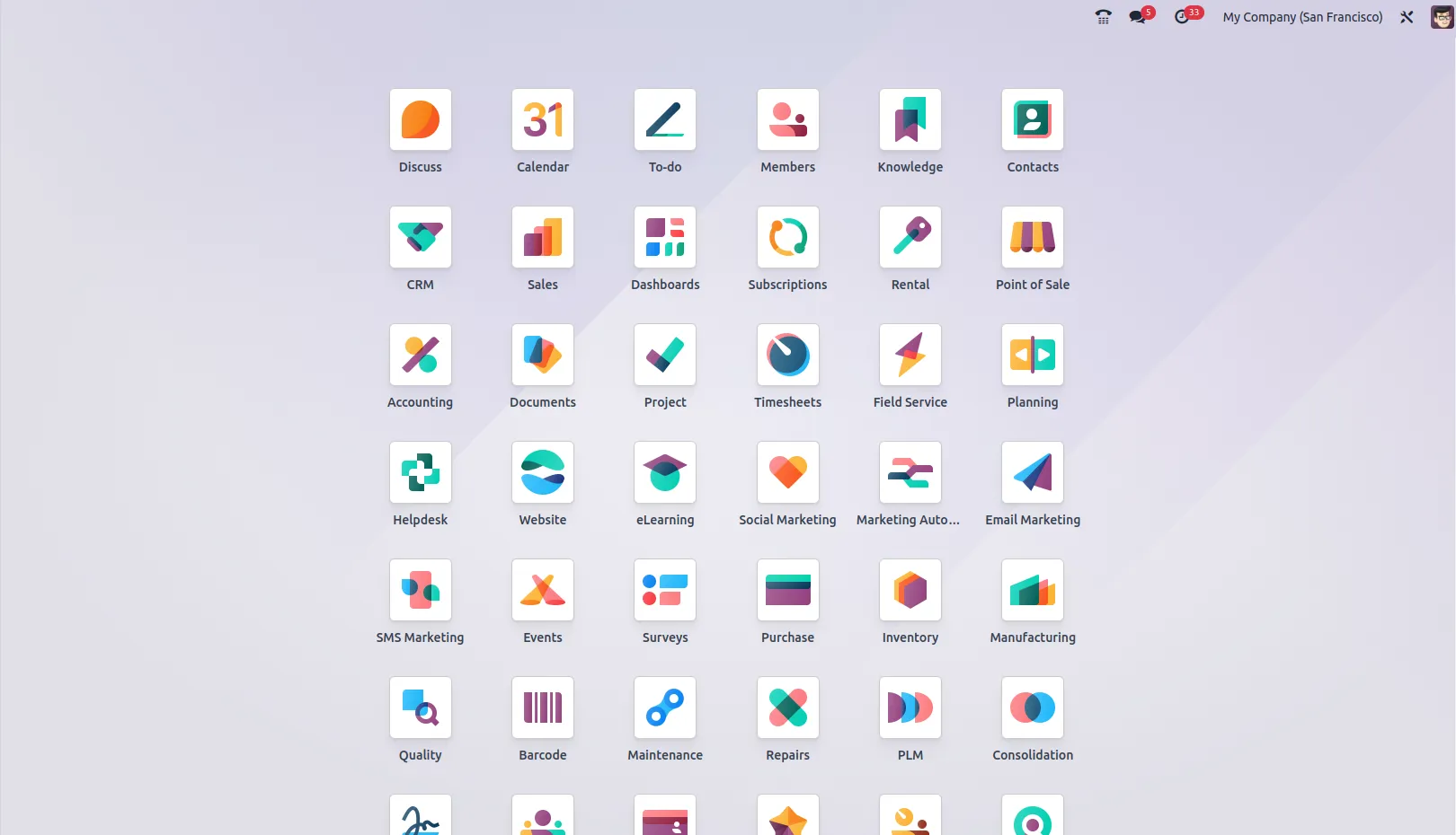 The Odoo app launcher: Sales, Inventory, Accounting, CRM, Purchase, Manufacturing and the other modules side by side in a single system.