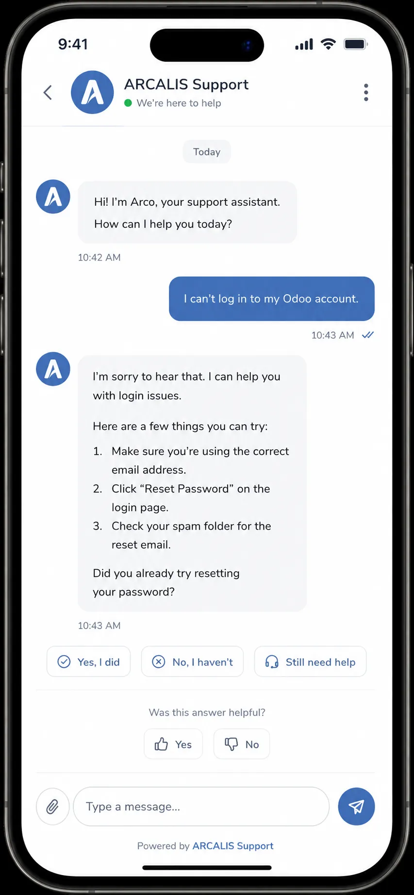 A support chat on a phone: a customer reports being unable to log in to Odoo, and the assistant answers with three concrete steps and follow-up options.