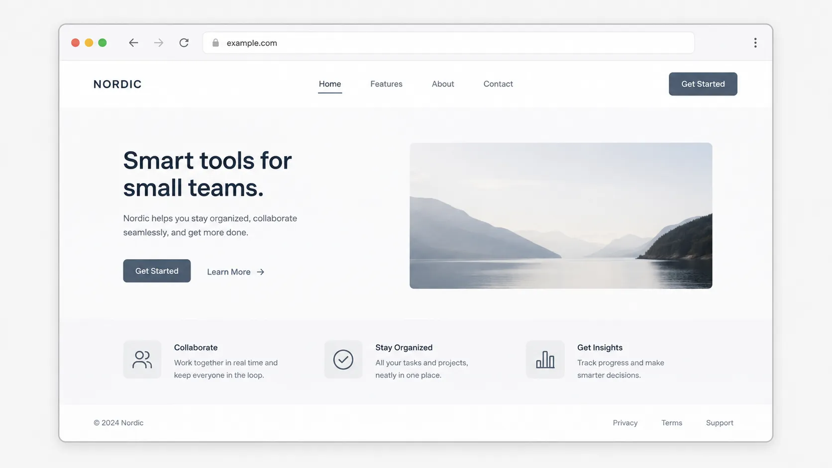A business website in a browser window: a headline, a short lead, two calls to action, and three feature blocks below the fold.